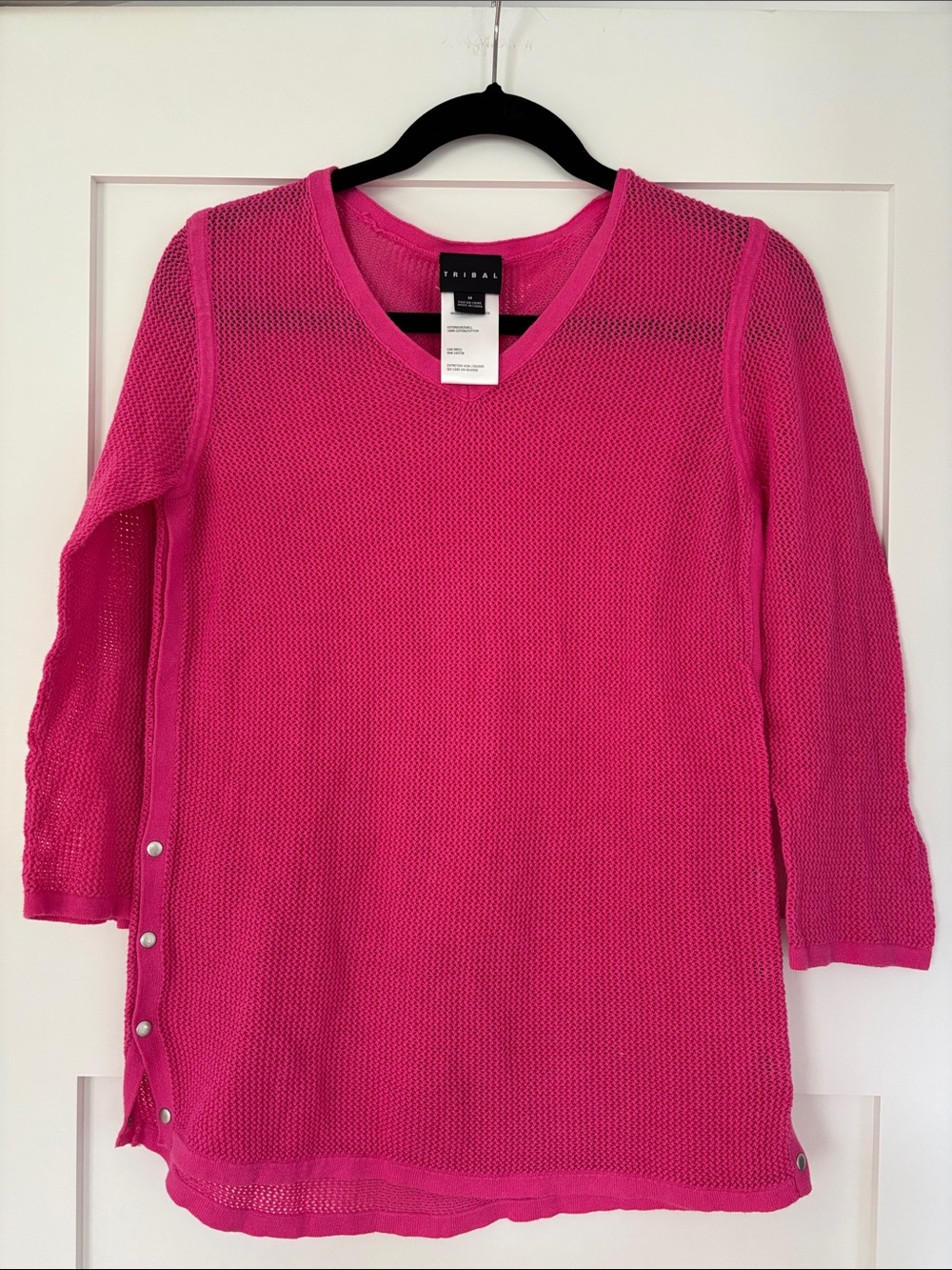 Tribal Hot Pink Open-Knit V-Neck Pullover with Side Snap Detail